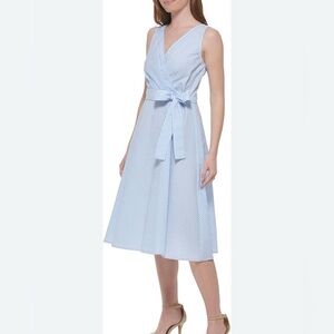 NWT Tommy Hilfiger Sleeveless Lt. Blue White Stripe Seersucker Midi Dress Size 8